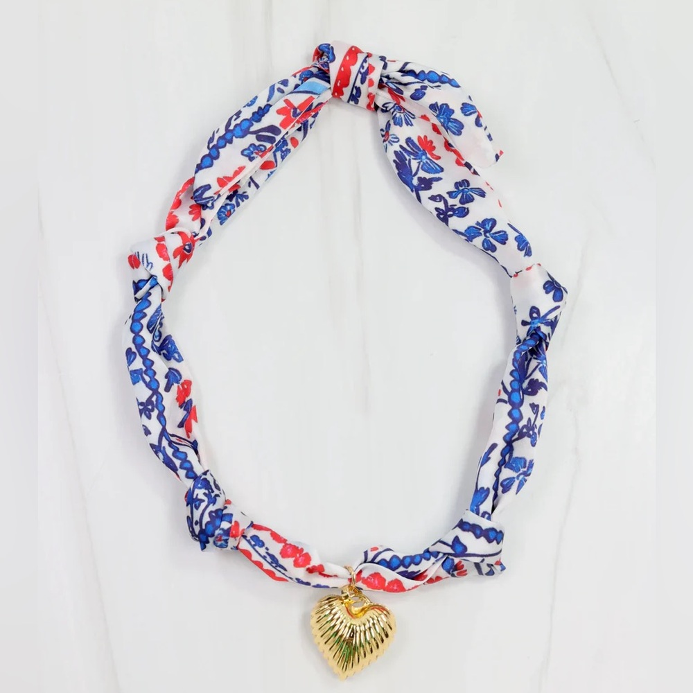 Caroline Hill Gold Heart Charm Scarf Necklace - Blue & Red Floral